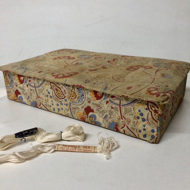 SEWING KIT, Vintage Fabric Covered Box w Embroidery Silks